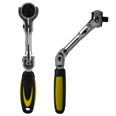 Chave de catraca metálica com punho preto e amarelo vista de frente e lateral