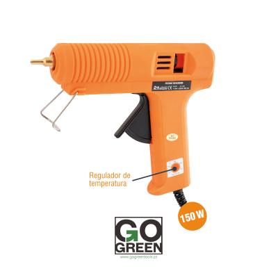 Pistola de cola quente laranja com gatilho preto e regulador de temperatura