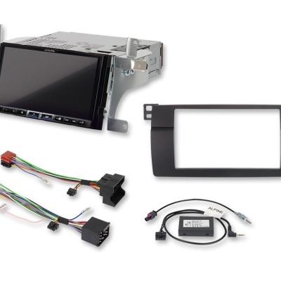 Sistema multimédia automóvel com ecrã táctil, moldura, cabos e dispositivo eletrónico