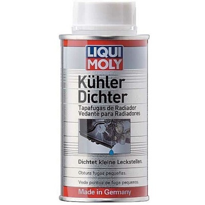 Frasco metálico de vedante para radiadores LIQUI MOLY com rótulo em português e alemão
