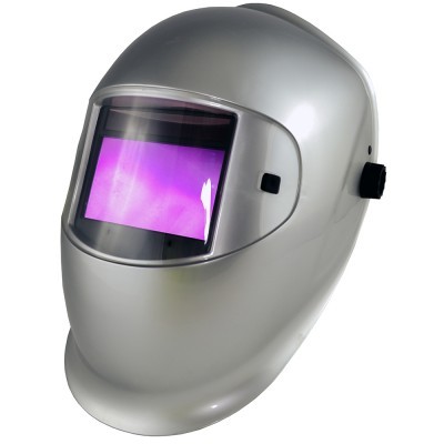 Capacete de soldador cinza metálico com visor roxo