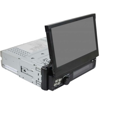 Aparelho de som automóvel com ecrã tátil dobrável em preto e estrutura metálica cinzenta