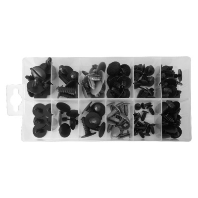 Conjunto de clipes de plástico preto em caixa plástica transparente