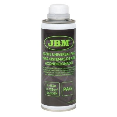 Frasco metálico JBM óleo universal para ar condicionado com rótulo preto e texto verde.