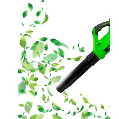 Soprador eléctrico verde e preto com folhas a serem sopradas