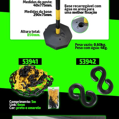 Poste amarelo e preto com base recarregável, corrente preta e amarela, ganchos em formato de S e exemplo de uso em espaço exterior