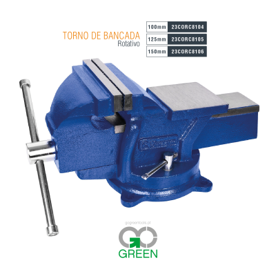 Torno de bancada rotativo azul com manípulo metálico prateado e etiquetas de tamanhos e códigos