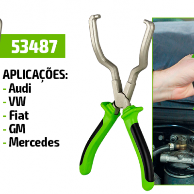 Alicate metálico com empunhaduras verde e preta mostrando aplicações para marcas de automóveis.