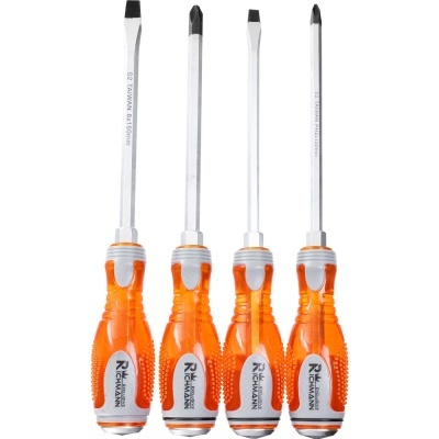 Conjunto de quatro chaves de fendas com cabos laranja translúcidos e pontas metálicas