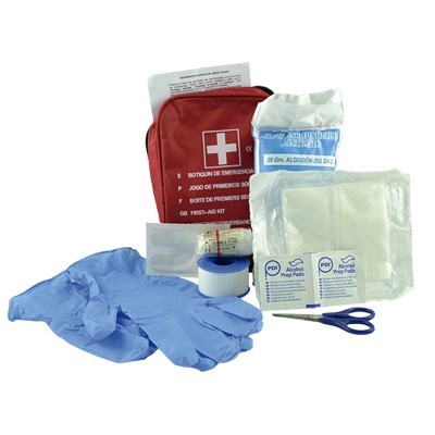 Kit primeiros socorros com luvas azuis, tesoura, fita, algodão e compressas