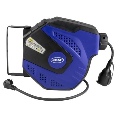 Carretel de extensão elétrica retrátil azul e preto da marca JBM com cabo e ficha preta