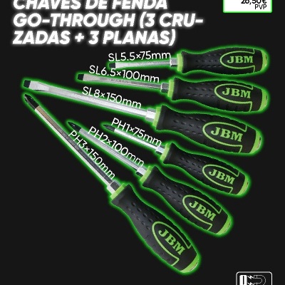 Conjunto de 6 chaves de fenda JBM com cabos preto e verde em fundo preto