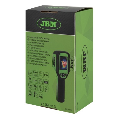 Embalagem verde e preta de câmara de visão térmica JBM com imagem do produto e texto descritivo