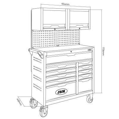 Móvel de oficina metálico com várias gavetas, armários, rodas e painel perfurado da marca JBM.