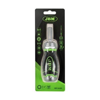 Chave de fendas JBM com cabo preto e verde em embalagem preta e verde