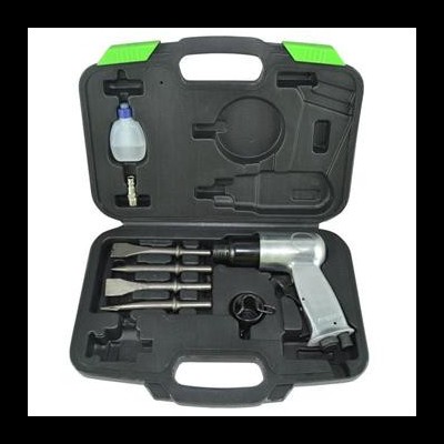 Conjunto de ferramentas pneumáticas numa mala preta com detalhes verdes