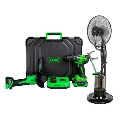 Conjunto de ferramenta elétrica JBM verde e preta com ventilador portátil preto