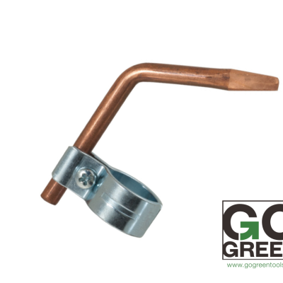 Elemento metálico cobre e metal prateado com suporte circular e logótipo GO GREEN