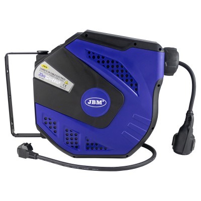 Carretel de extensão elétrica retrátil azul e preto JBM com cabo e ficha pretos