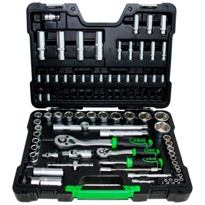 Conjunto de ferramentas metal e plástico em mala preta e verde