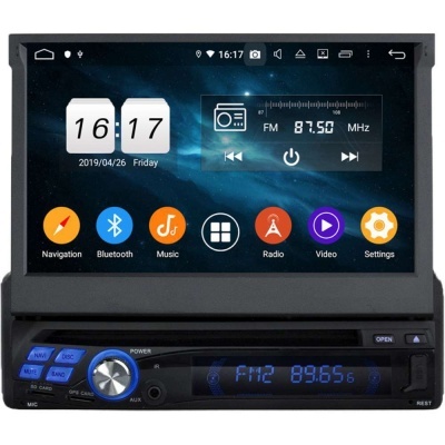 Aparelho de som automóvel com ecrã tátil e painel com botões iluminados