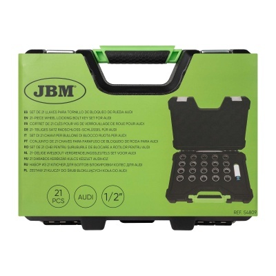 Conjunto de chaves para parafusos de bloqueio de roda Audi JBM em caixa verde com pega preta e detalhe verde