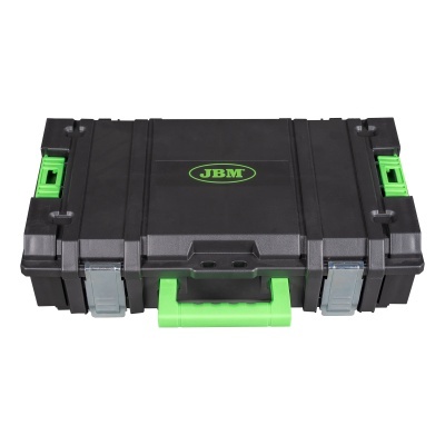 Caixa de ferramentas preta com detalhes verdes e fechos cinzentos