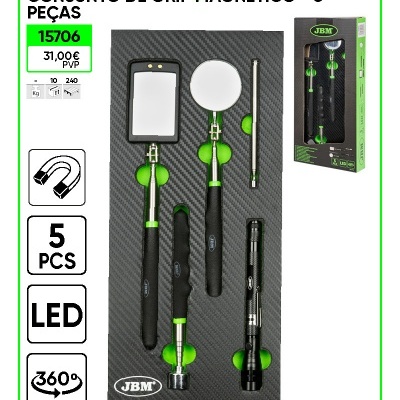 Conjunto magnético de 5 peças JBM com espelhos, barra e lanterna, em embalagem verde.