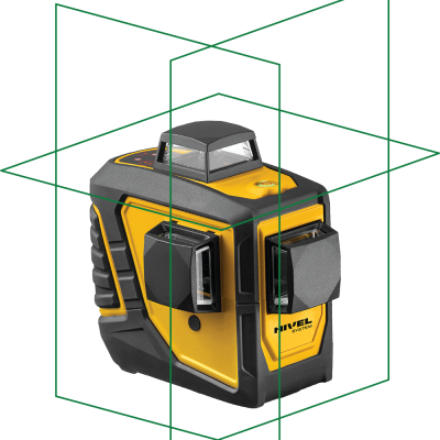 Laser de construção amarelo e preto com prismas e texto NIVEL SYSTEM