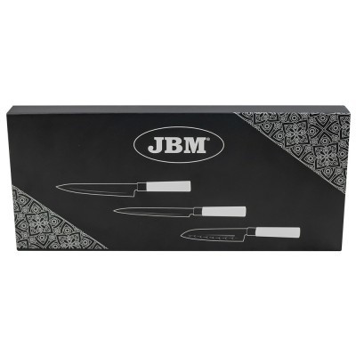 Caixa preta com desenho e logo JBM contendo três facas ilustradas.
