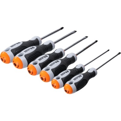 Conjunto de seis chaves de fendas com cabos em preto, cinza e laranja.