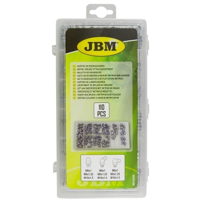 Caixa transparente com conjunto de 110 enigmas para motor JBM, rótulo verde e amarelo.