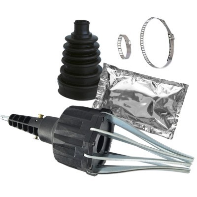 Conjunto de reparação automóvel com luva de borracha preta, braçadeiras metálicas, pasta em embalagem prateada e componente com hastes metálicas e plástico preto.