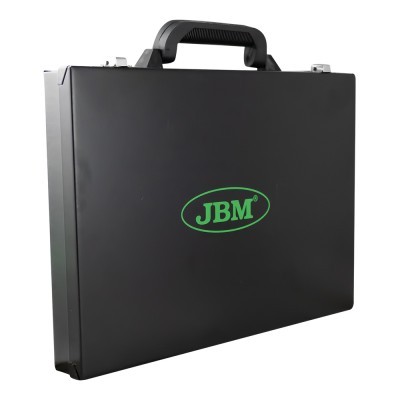 Mala metálica preta com pega e logótipo JBM verde