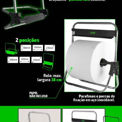 Suporte de papel de aço inoxidável e plástico ABS cinzento para rolo até 38 cm, com marca JBM.