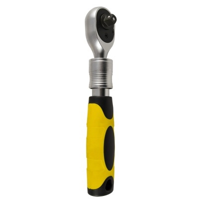 Chave de catraca manual com cabo amarelo e preto e cabeça metálica prateada