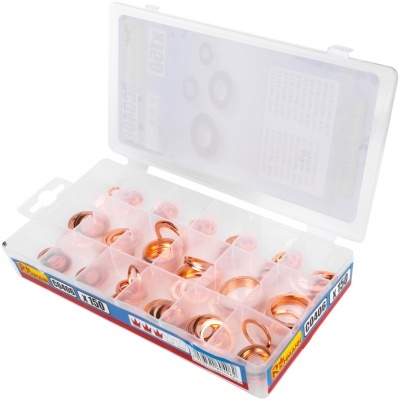 Conjunto de anilhas de cobre em caixa plástica com divisórias.