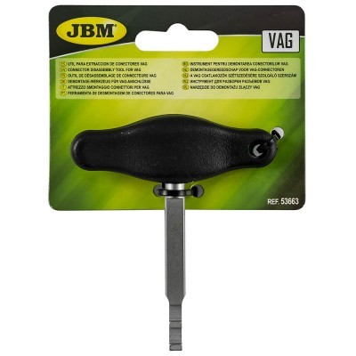 Ferramenta para extrair conectores VAG JBM com cabo preto e haste metálica numa embalagem de cartão verde.