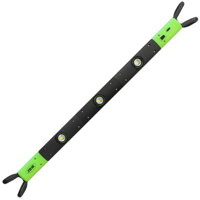 Ferramenta de medição preta com pontas verdes e três bolhas de nível circulares.