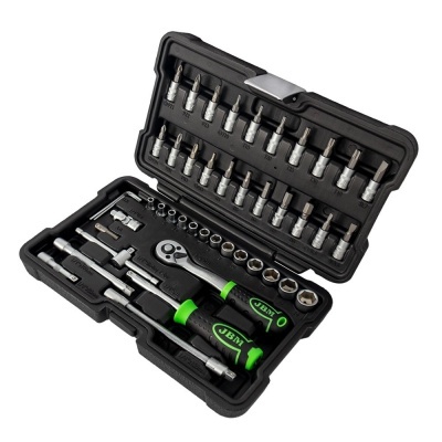 Conjunto de ferramentas de soquetes em estojo preto aberto