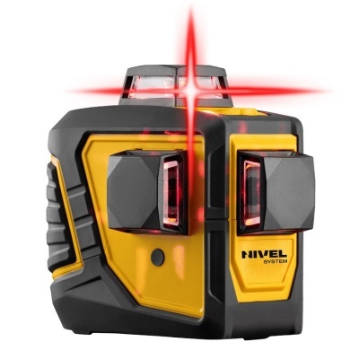 Nível laser de construção amarelo e preto com linhas laser vermelhas