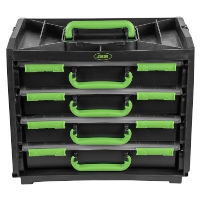 Organizador modular de ferramentas preto com detalhes verdes e logótipo JBM