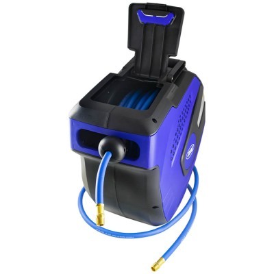 Enrolador de mangueira azul e preto com mangueira azul visível