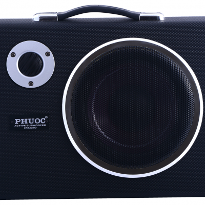 Coluna de som portátil preta com dois altifalantes e pega