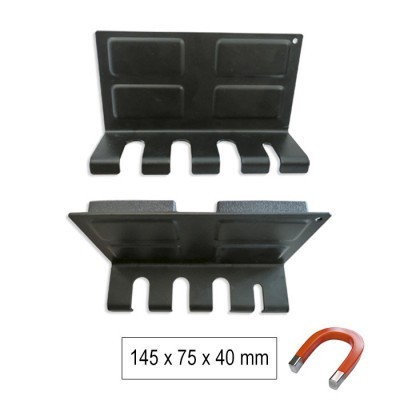 Suportes magnéticos pretos para ferramentas com medidas e íman em U vermelho