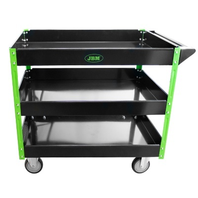 Carrinho de ferramenta de metal preto com estrutura verde e logotipo JBM