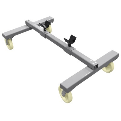 Carrinho de transporte cinzento com rodas brancas e presilhas pretas