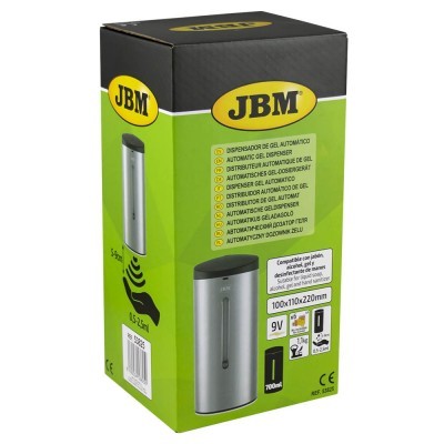Dispenser automático de gel JBM em embalagem verde e preta com informações e imagem do produto prateado.