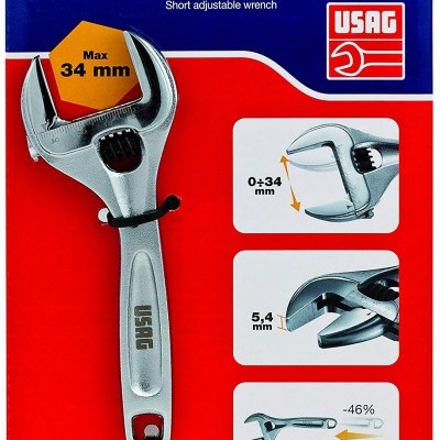 Chave ajustável metálica prateada USAG embalada em cartão vermelho e azul