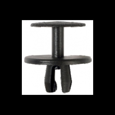 Grampo de fixação preto em plástico com cabeça plana e base em gancho.